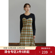 獨束大碼女裝【小森林格紋系列】拼接連衣裙女秋冬新款胖mm顯瘦絲絨裙 黑拼格紋長(cháng)款 2XL