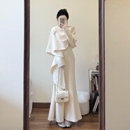 vimadtly溫柔清冷感披肩針織內搭連衣裙子秋冬季修身魚(yú)尾長(cháng)裙套裝2025新款 【白杏色套裝】 M