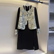 小紅書(shū)爆款新中國風(fēng)民族風(fēng)格刺繡背心紐扣連衣裙胖毫米大尺寸優(yōu)雅 連衣裙+馬甲兩件套 均碼 2XL110130斤