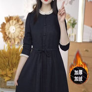 皮爾卡丹（pierre cardin）精紡時(shí)尚洋氣簡(jiǎn)約優(yōu)雅禮服裙2025春季新款系帶收腰顯瘦打底裙 藏青色加絨連衣裙 XL 建議115-125斤