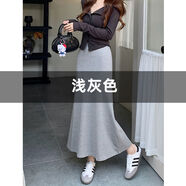 淺灰色魚(yú)尾裙半身裙女春秋高腰莫代爾包臀裙小個(gè)子垂感a字中長(cháng)裙 淺灰色 S S