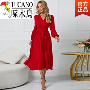 啄木鳥(niǎo)（TUCANO）新品歐美新款女裝優(yōu)雅泡泡燈籠袖V領(lǐng)飄逸百褶連衣裙a字裙 紅色旗艦款 S 160