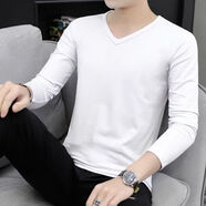 南極人冬季男士加絨加厚v領(lǐng)長(cháng)袖t恤純色保暖秋衣體恤冬天上衣服男打底衫 長(cháng)袖V領(lǐng)不加絨白色 M M 建議160-170c100-120斤