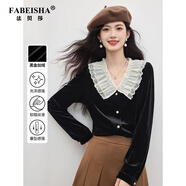 法貝莎品牌法式千金風(fēng)黑色金絲絨襯衫女25秋冬季優(yōu)雅網(wǎng)紗荷葉邊V領(lǐng)上衣 摩登黑 M