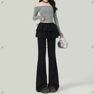 黑色芭蕾風(fēng)假兩件高腰休閑褲女2025新款冬季顯瘦垂感荷葉邊喇叭褲 黑色長(cháng)褲單褲 XXS S
