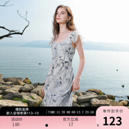 三彩2025夏季新款荷葉邊連衣裙法式收腰A字裙魚(yú)尾長(cháng)裙浪漫M 寂靜灰花卉 M 160/84A