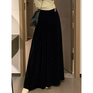 絲絨口袋大擺拖地裙顯瘦顯高松緊腰春秋親膚抗起球女長(cháng)款半身長(cháng)裙 黑色 XXS S