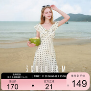 三彩2025夏季新款提花連衣裙波點(diǎn)印花荷葉邊收腰長(cháng)裙法式M