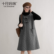 十月媽咪孕婦裝連衣裙冬季新款外穿寬松保暖磨毛毛呢背心裙秋冬媽媽裝 深灰波點(diǎn)-背心裙