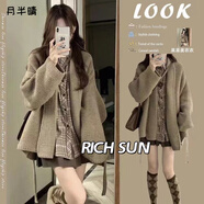 月半晴（YUEBANQING）秋季溫柔系穿搭一整套女2025年新款韓版針織外套襯衫百褶裙三件套 針織開(kāi)衫+襯衫+百褶裙 三件套 S