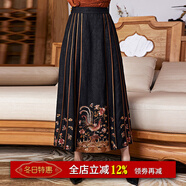 璽玥中國風(fēng)花羅香云紗高端鳳凰刺繡新中式重工馬面裙女休閑半身裙 黑色 S （80~105斤）