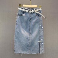 歐洲站燙鉆牛仔裙女半身裙2025春夏裝新款高腰顯瘦中長(cháng)款包臀裙潮 111藍色單邊燙鉆半身裙 XL  120-135斤左右