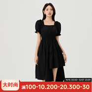 快魚(yú)方領(lǐng)泡泡袖新品連衣裙2024新款女夏不規則設計感收腰顯瘦氣質(zhì)長(cháng)裙 黑色 M