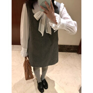 園翌小香風(fēng)套裝裙女秋冬氣質(zhì)名媛灰色毛呢背心連衣裙蝴蝶結襯衫兩件套 蝴蝶結襯衫 S