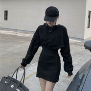 連帽衛衣加絨加厚女連衣裙秋冬新款遮肚蝙蝠袖包臀裙連體韓版顯瘦 黑色（拼接衛衣） 2XL  建議130-140斤穿