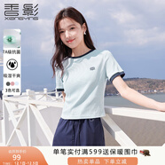 香影正肩t恤女短袖2025春夏新款超好看修身顯瘦刺繡圓領(lǐng)撞色上衣 藍色 XL