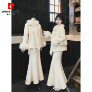 皮爾卡丹（pierre cardin）巨好看的冬裝一整套大碼胖mm新中式千金毛領(lǐng)毛呢外套魚(yú)尾裙套裝女 圖片兩件套 XL 【建議體重115-130斤】