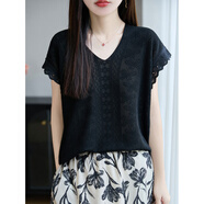 MONTAGUT時(shí)尚休閑短袖體恤T恤t2025新款夏極簡(jiǎn)風(fēng)休閑百搭V領(lǐng)亞麻鏤空鉤花 黑色 M