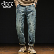 JEEP SPIRIT秋季美式復古潮牌涂鴉牛仔褲男寬松休閑小直筒微錐痞帥長(cháng)褲子高端 A款 31 適合130-140斤