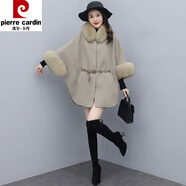 皮爾卡丹斗篷毛呢外套女季新款寬松小個(gè)子大毛領(lǐng)蝙蝠袖呢子披肩大衣 卡其色(不含毛毛腰帶) M