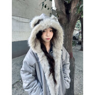 俞兆林（YUZHAOLIN）座山雕貓耳連帽棉服女2025冬季新款美式短款麂皮毛絨加厚外套 灰色 M 建議95-110斤左右