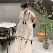 韓國chic法式民族風(fēng)V領(lǐng)荷葉袖流蘇吊墜拼接褶皺感寬松連衣裙長(cháng)裙 杏色 均碼 均碼