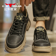 公牛世家男鞋皮鞋復古商務(wù)休閑低幫真皮板鞋男秋冬加絨保暖皮棉鞋 黑色 加絨 (復古款) 44