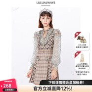 LULUALWAYS秋季新款復古氣質(zhì)拼接格子網(wǎng)紗印花連衣裙 綠色 XL