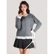 梨喃蕾絲花邊下擺針織長(cháng)袖打底毛衣開(kāi)衫外套秋冬季加厚上衣女 深灰 均碼