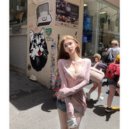 設計感小眾單排扣v領(lǐng)開(kāi)衫長(cháng)袖t恤女早新款不規則下擺休閑上衣 晨曦粉 S  建議80-90斤