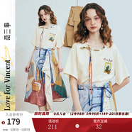 兩三事梵高文藝 弦外智音 2025夏季新款彩繩綁帶領(lǐng)印花短袖t恤女 米杏色 M