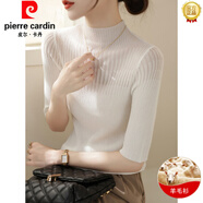 皮爾卡丹（pierre cardin）2025年新款春秋季羊毛半高領(lǐng)蕾絲網(wǎng)紗五分袖針織衫女中袖法式T恤 白色 S 【建議80-100斤】