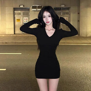 CEENIU包臀連衣裙女秋冬新款御姐短裙純欲風(fēng)性感V領(lǐng)內搭修身半身裙套裝 黑色辣妹打底裙 M