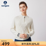 Navigare意大利小帆船寬松羊毛衫女士秋冬休閑半開(kāi)領(lǐng)毛衣100%羊毛針織衫女 科技白 XL