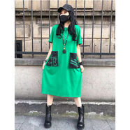 夏季胖mm女裝寬松短袖過(guò)膝字母連衣裙長(cháng)裙大碼黑色口袋直筒潮特大 綠色# XL 建議130-150斤