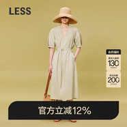 LESS夏季通勤感休閑短袖中長(cháng)腰帶連衣裙V領(lǐng)棉質(zhì)職場(chǎng)長(cháng)裙2O4G10710 336米灰綠 XS