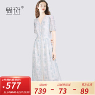 魅斑2025巨好看的裙子重工刺繡連衣裙女夏季穿搭V領(lǐng)短袖連身裙女 藍色 S