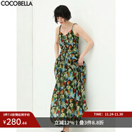 COCOBELLA油畫(huà)風(fēng)印花抽褶吊帶連衣裙飄逸氣質(zhì)沙灘長(cháng)裙FR565 油畫(huà)花 M