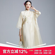 陌遇2025中式原創(chuàng  )氣質(zhì)繡花真絲歐根紗大碼旗袍茶藝連衣裙品牌女裝 米白 L