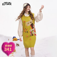 妖精的口袋小馬提花針織拼接連衣裙女2025冬季新款寬松顯瘦直筒裙 抓馬黃綠色 S