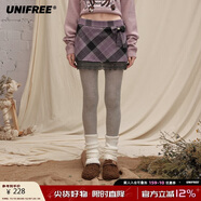 UNIFREE格紋毛呢半身裙撞色蝴蝶結蕾絲邊小個(gè)子顯瘦包臀短裙 紫色 S