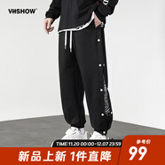 viishow新款休閑潮牌長(cháng)褲腰果花拼接潮流側邊排扣印花嘻哈校園休閑束腳褲 黑色 M