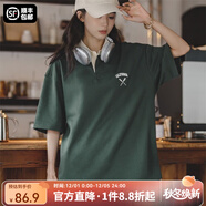 馬登女裝 美式復古翻領(lǐng)短袖學(xué)院風(fēng)寬松polo打底衫顯瘦情侶T恤 深綠色 馬登工裝 M