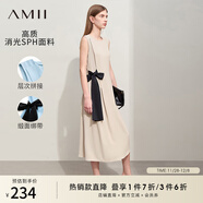 AMII女裝2025夏季新款優(yōu)雅通勤撞色綁帶圓領(lǐng)無(wú)袖連衣裙子女法 卡其 M 160/84A