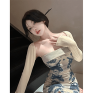 秋裝新款氣質(zhì)抹胸印花修身連衣裙長(cháng)袖披肩上衣性感夜店包臀裙套裝 抹胸裙+小外套兩件套 S 【建議80-93斤】