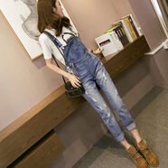 牛仔背帶褲女長(cháng)褲2024新款春秋韓版休閑寬松百搭破洞學(xué)院風(fēng)吊帶褲 淺藍色配白色T恤一套長(cháng)褲 XS XS