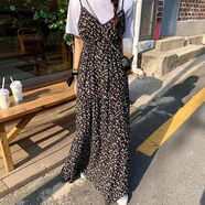 韓國chic春夏復古小眾V領(lǐng)拼接蕾絲花邊滿(mǎn)屏碎花吊帶連衣裙長(cháng)裙女 黑色 均碼 均碼