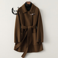 SXA香港潮牌雙面呢羊毛大衣女短2025新款小個(gè)子收腰綁帶呢子外套 咖啡色 S