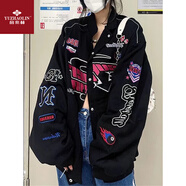 俞兆林美式棒球服女秋冬季港風(fēng)機車(chē)飛行服刺繡夾克寬松古著(zhù)外套女 黑色 2XL 【建議130-150斤】