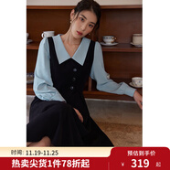 獨束大碼女裝假兩件撞色襯衫領(lǐng)連衣裙女秋冬微胖mm文藝復古穿搭裙子 墨染黑【適合165左右】 2XL